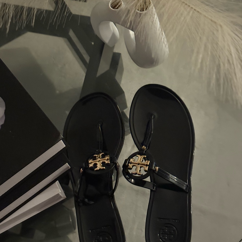 Tory Burch Black Sandals with Gold Logo - Picture 3 of 3